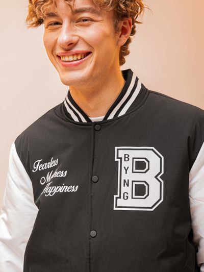 Black Printed Varsity Jacket for Men