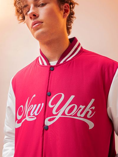 Burgundy Printed Varsity Jacket for Men
