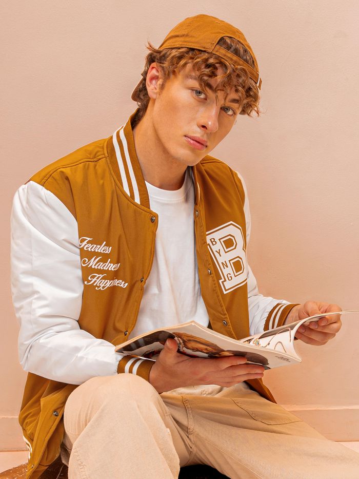 Buy Cider Brown Printed Varsity Jacket for Men Online in India
