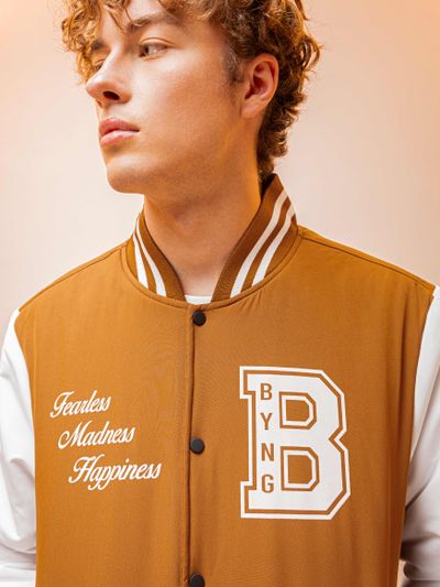 Cider Brown Printed Varsity Jacket for Men