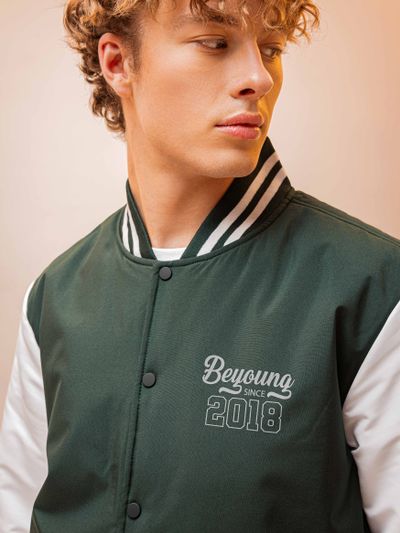 Deep Olive Green Solid Varsity Jacket for Men
