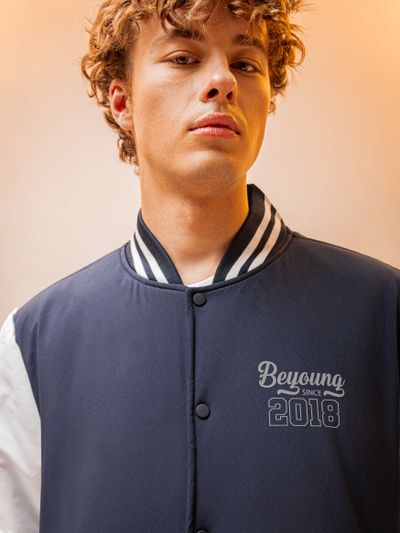 Navy Blue Solid Varsity Jacket for Men