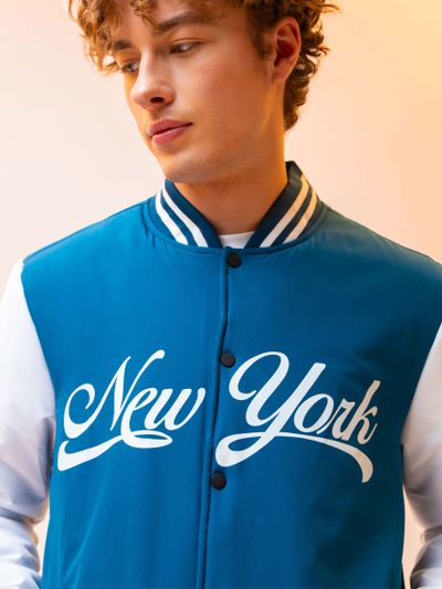 Teal Blue Printed Varsity Jacket for Men