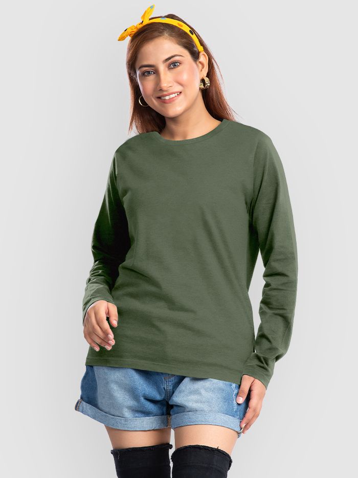 Buy Plain Olive Green Women Full Sleeves T shirt Online BeYOUng