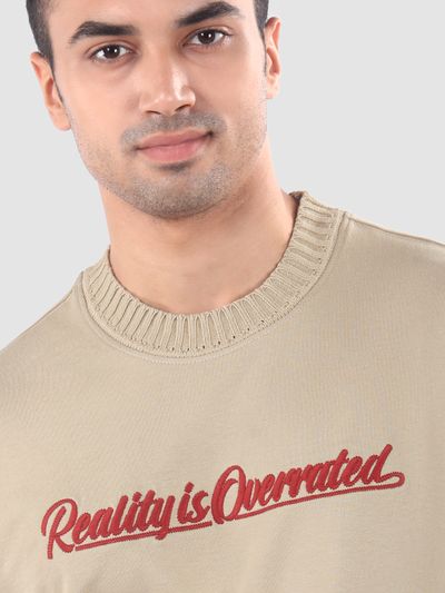 Beige Mock Neck Embroidered T-Shirt Beige Mock Neck Embroidered T-Shirt