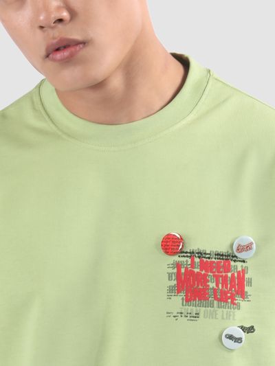 Pista Green Distressed Typo Puff Print Oversized T-Shirt Pista Green Distressed Typo Puff Print Oversized T-Shirt