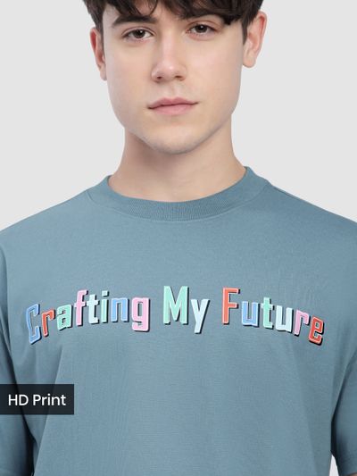 Smoky Blue Typography Printed Oversized T-Shirt