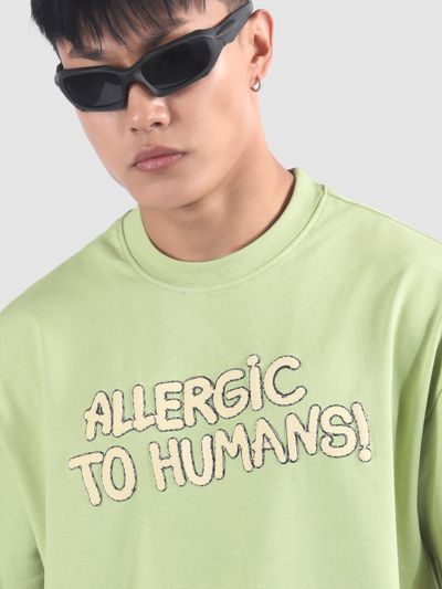 Pista Green Allergic To Human Puff Printed Oversized T-Shirt