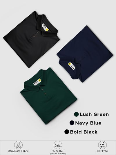 Pack of 3 Polo T-shirts Combo Bold Black, Lush Green, Navy Blue Pack of Three Mens Polo T Shirts