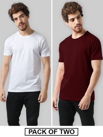 Plain T-shirts Combo White &amp; Burgundy