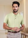 Pale Green Line Textured Flat Knit Polo T-Shirt