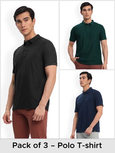 Pack of 3 Polo T-shirts Combo Bold Black, Lush Green, Navy Blue Mens Polo T Shirts Online,