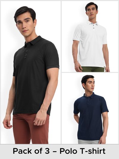 Buy Pack of 3 Polo T-shirts Combo Bold Black,Classic White,Navy Blue Online