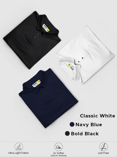 Pack of 3 Polo T-shirts Combo Bold Black, Classic White, Navy Blue Pack of 3 Polo T-shirts Combo Bold Black, Classic White, Navy Blue