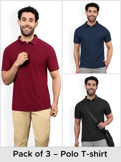 Pack of 3 Polo T-shirts Combo Bold Black, Navy Blue, French Wine Polo T-Shirts For Men,