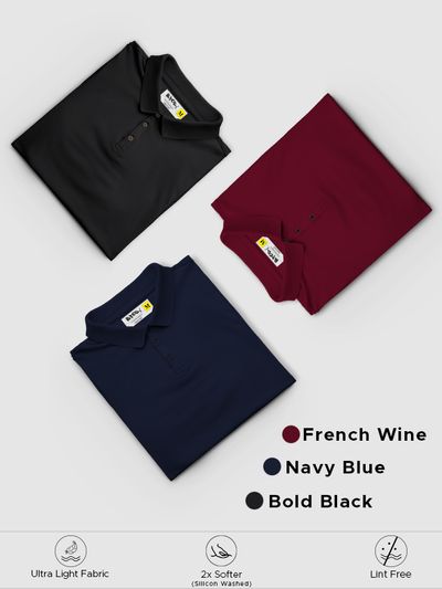 Pack of 3 Polo T-shirts Combo Bold Black, Navy Blue, French Wine Combo of Polo T-Shirts For Men