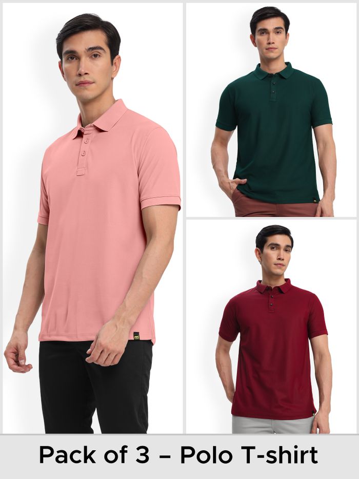Buy Pack of 3 Polo T shirts Combo French Wine Lush Green Rose Pinky Online