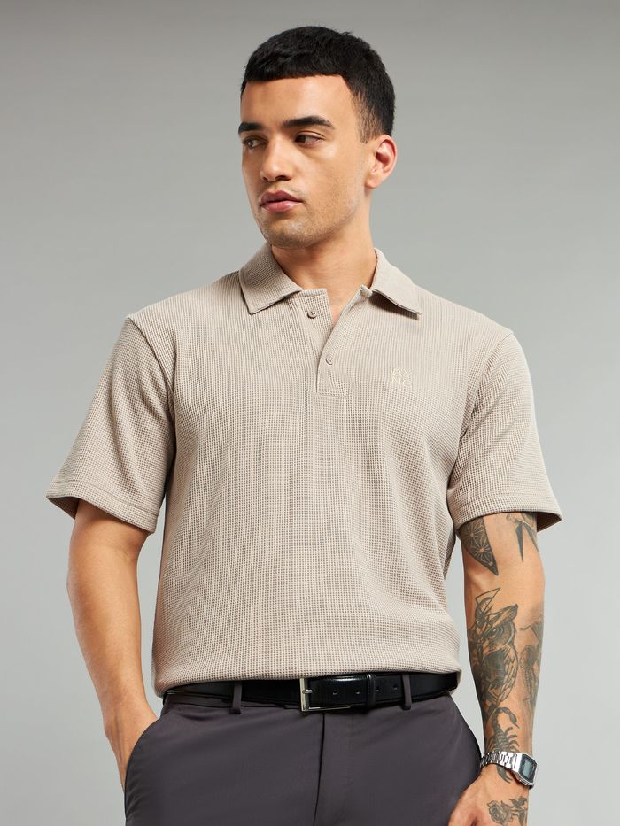 Buy Men's Beige Waffle Textured Polo T-shirt at Beyoung