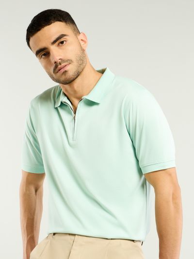 Mist Green Zipper Collar Polo T-Shirt