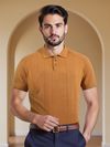 Mustard Line Textured Flat Knit Polo T-Shirt