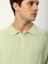 Pale Green Line Textured Flat Knit Polo T-Shirt