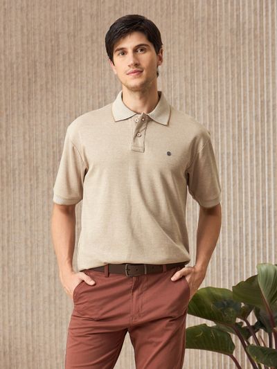 Soft Beige Melange Polo T-shirt Shop for trendy polo t-shirts for men online at Beyoung India,