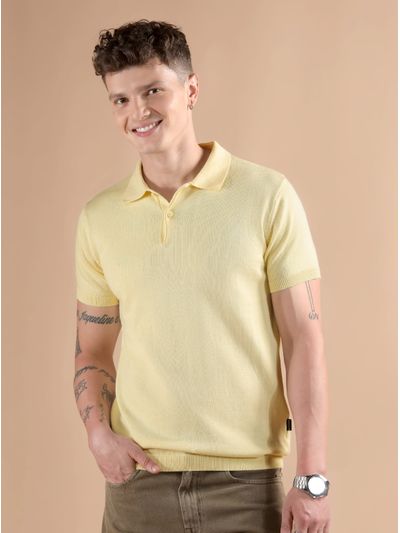 Daffodil Yellow Ribbed Collar Flat Knit Polo T-Shirt
