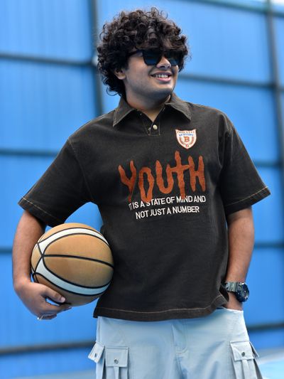 Black Youth Embroidered Denim Polo T-shirt Black Youth Embroidered Polo T-shirt