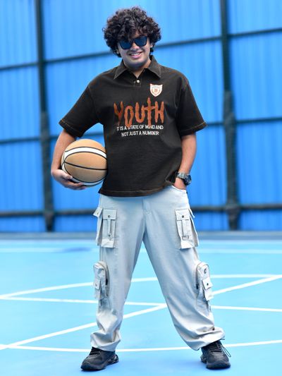 Black Youth Embroidered Denim Polo T-shirt Black Youth Embroidered Polo T-shirt