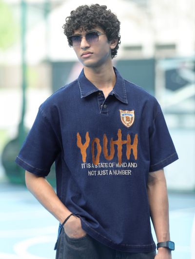 Indigo Youth Embroidered Denim Polo T-shirt Indigo Youth Embroidered Polo T-shirt