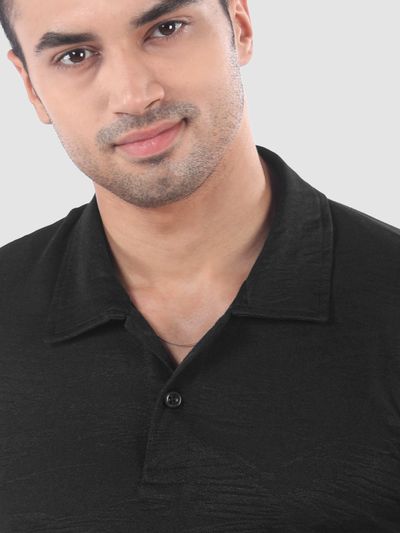 Black Brush Stroke Jacquard Textured Polo T-Shirt Black Brush Stroke Jacquard Textured Polo T-Shirt