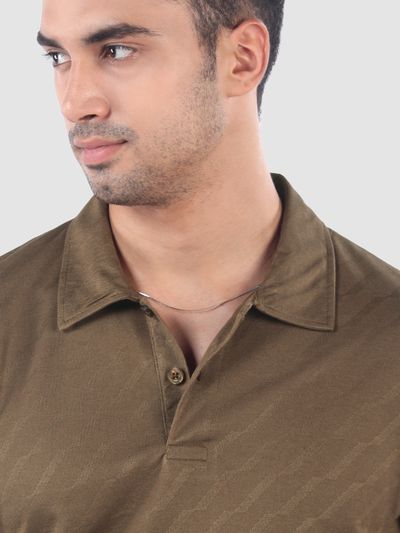 Brown Wave Jacquard Textured Polo T-Shirt Brown Wave Jacquard Textured Polo T-Shirt