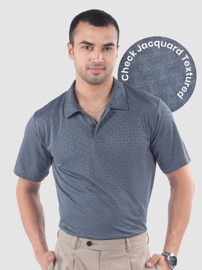 Teal Blue Check Jacquard Textured Polo T-Shirt
