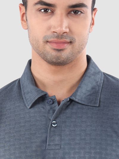 Bluish Grey Check Jacquard Textured Polo T-Shirt Teal Blue Check Jacquard Textured Polo T-Shirt