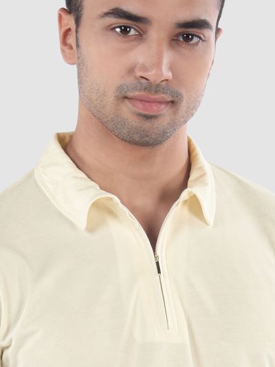Beige Abstract Jacquard Textured Zipper Polo T-Shirt Beige Abstract Jacquard Textured Zipper Polo T-Shirt