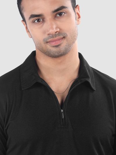 Black Geometric Jacquard Textured Zipper Polo T-Shirt Black Geometric Jacquard Textured Zipper Polo T-Shirt