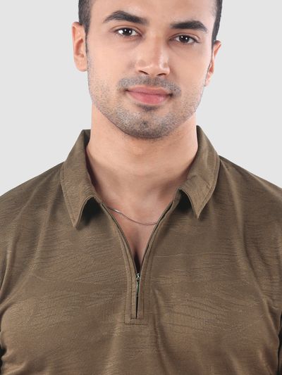Brown Brush Stroke Jacquard Textured Zipper Polo T-Shirt