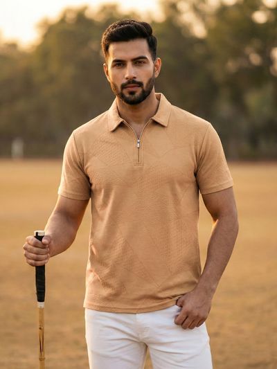 Maple Orange Abstract Jacquard Textured Zipper Polo T-Shirt