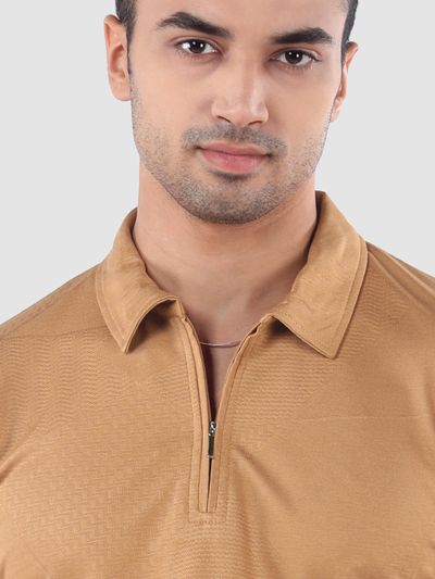 Maple Orange Abstract Jacquard Textured Zipper Polo T-Shirt
