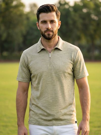 Sage Green Brush Stroke Jacquard Textured Zipper Polo T-Shirt