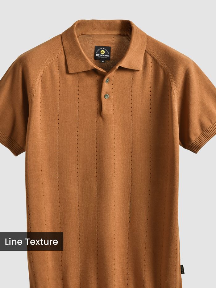Mustard Line Textured Flat Knit Polo T-Shirt