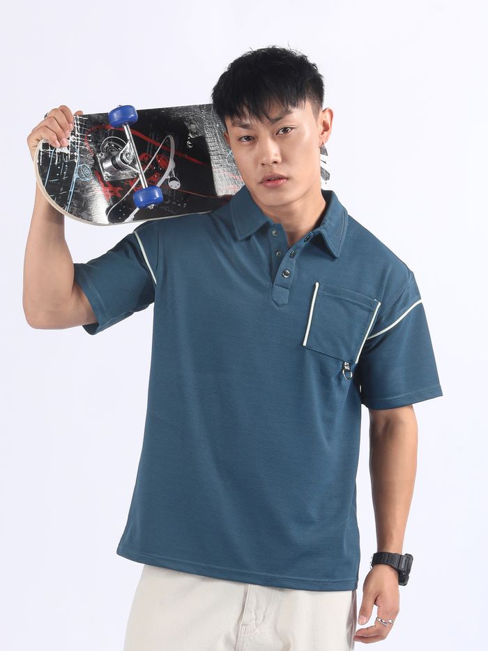 Navy Piping Textured Polo T-Shirt