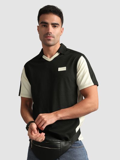 Black Sporty Color Block V-Neck Polo T-Shirt