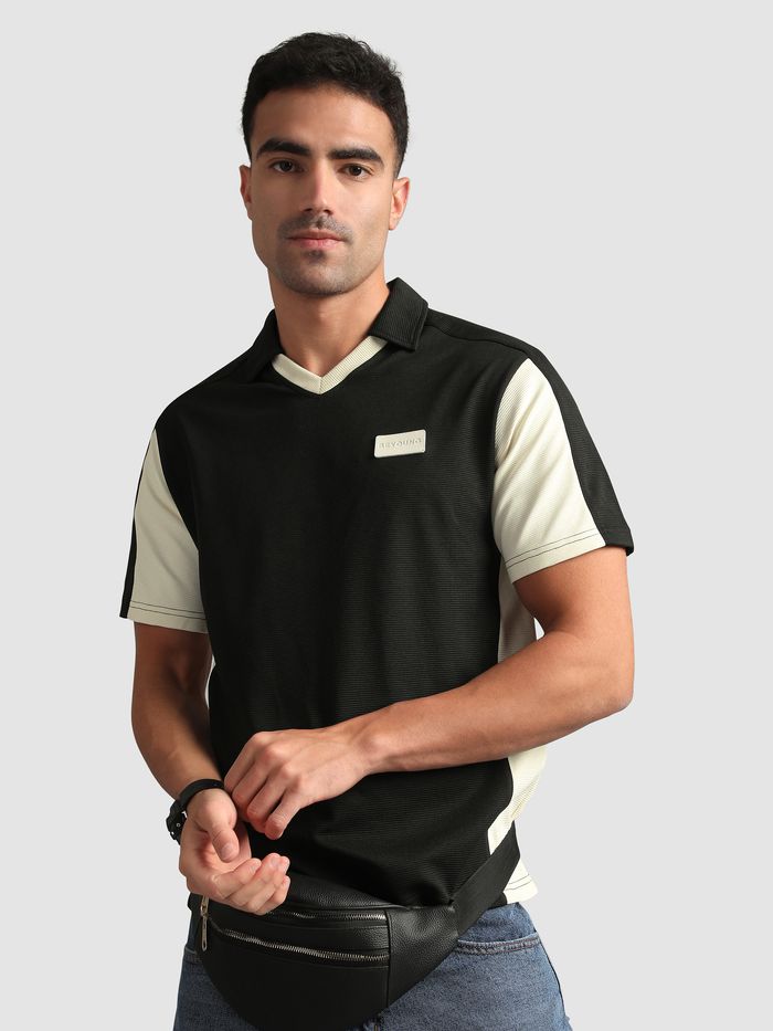 Black Sporty Color Block V-Neck Polo T-Shirt