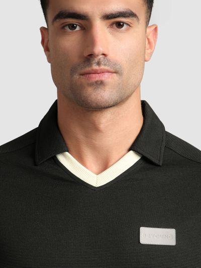 Black Sporty Color Block V-Neck Polo T-Shirt