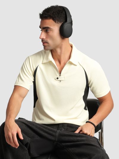Cream Raglan Sleeve Zipper Polo T-Shirt Cream Raglan Sleeve Zipper Polo T-Shirt