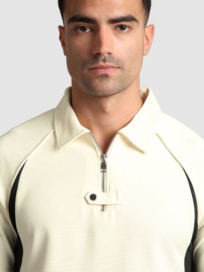 Cream Raglan Sleeve Zipper Polo T-Shirt Cream Raglan Sleeve Zipper Polo T-Shirt