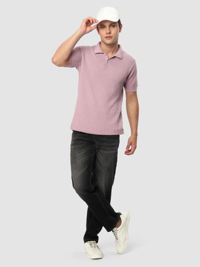Pastel Pink Wave Textured Flat Knit Polo T-Shirt