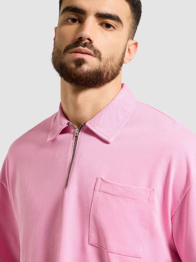Pink Oversized Zipper Polo T-shirt Pink Oversized Zipper Polo T-shirt