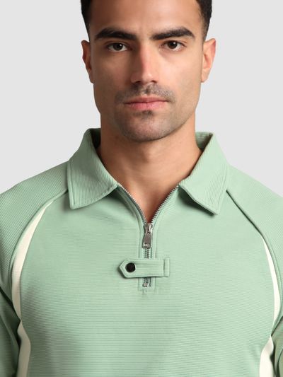 Sage Green Raglan Sleeve Zipper Polo T-Shirt Sage Green Raglan Sleeve Zipper Polo T-Shirt